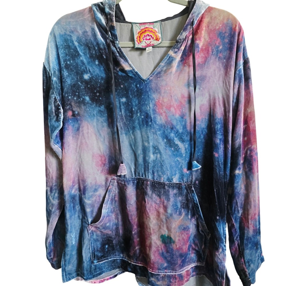 Johnny Was XS Nova Velvet Silk Blend Hoodie Galaxy Top XS Purple Blues RV $157